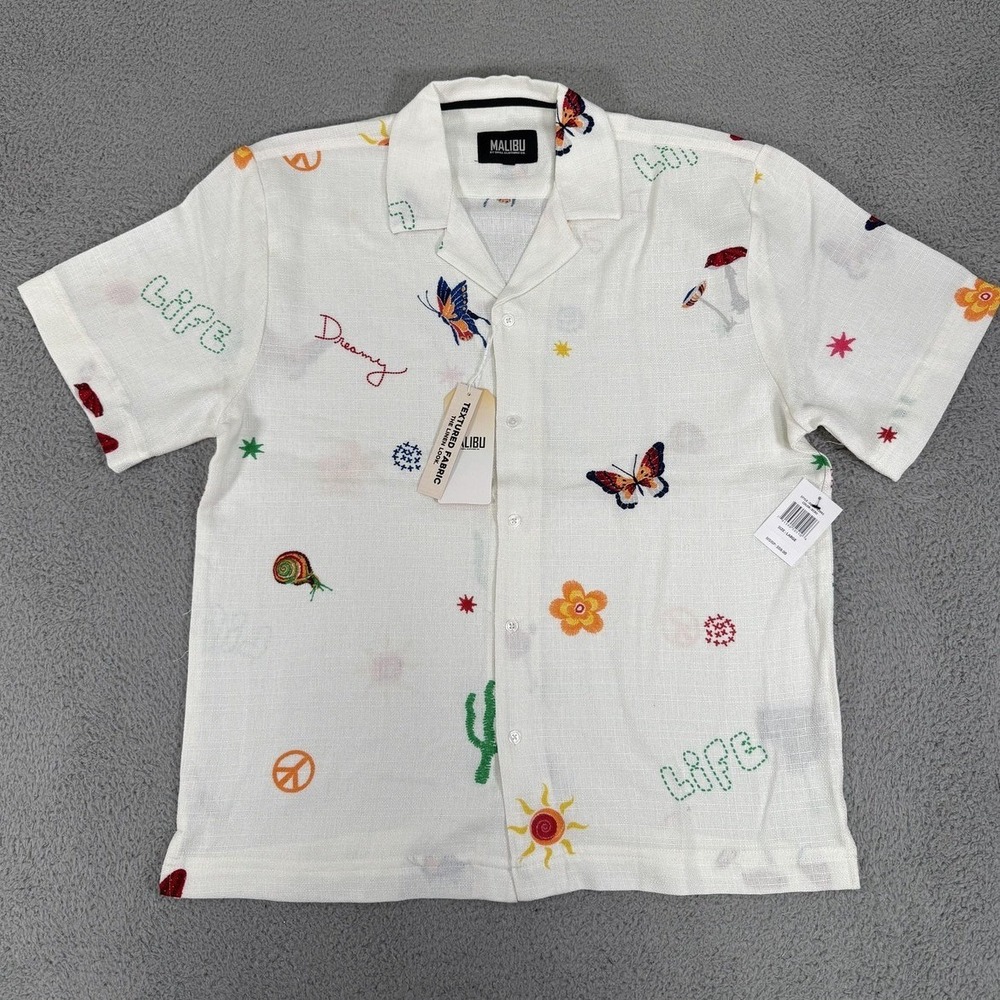 Malibu Shirt Mens Large Textured Linen Look Butterfly Dreamy Summer Casual Top
